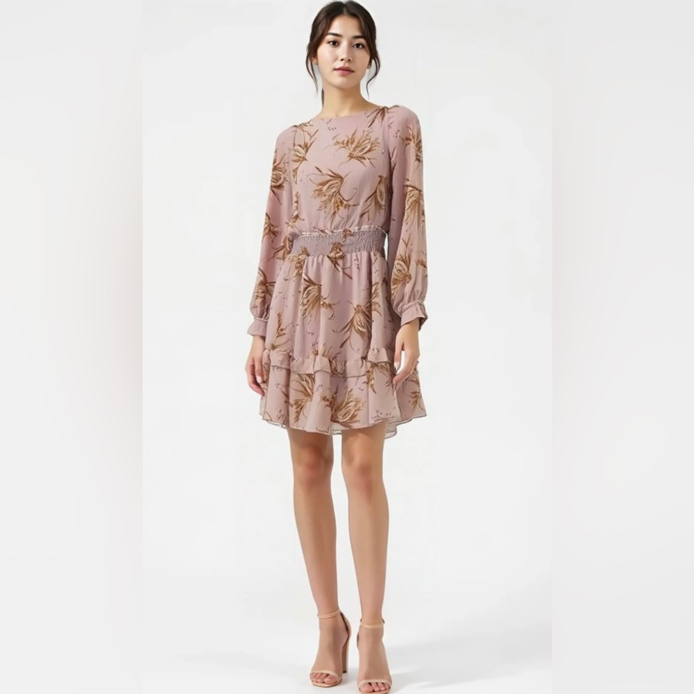 Floral Long-Sleeve Smocked Waist Dress in Dusty Rose